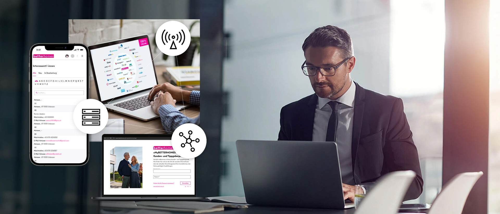 Frau im Anzug vor einem Gebäude telefoniert mit BETTERHOMIE