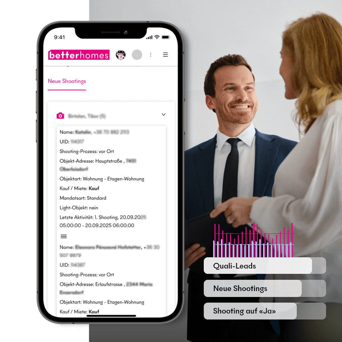 Real estate agent shows a couple the sales documents in a folder.