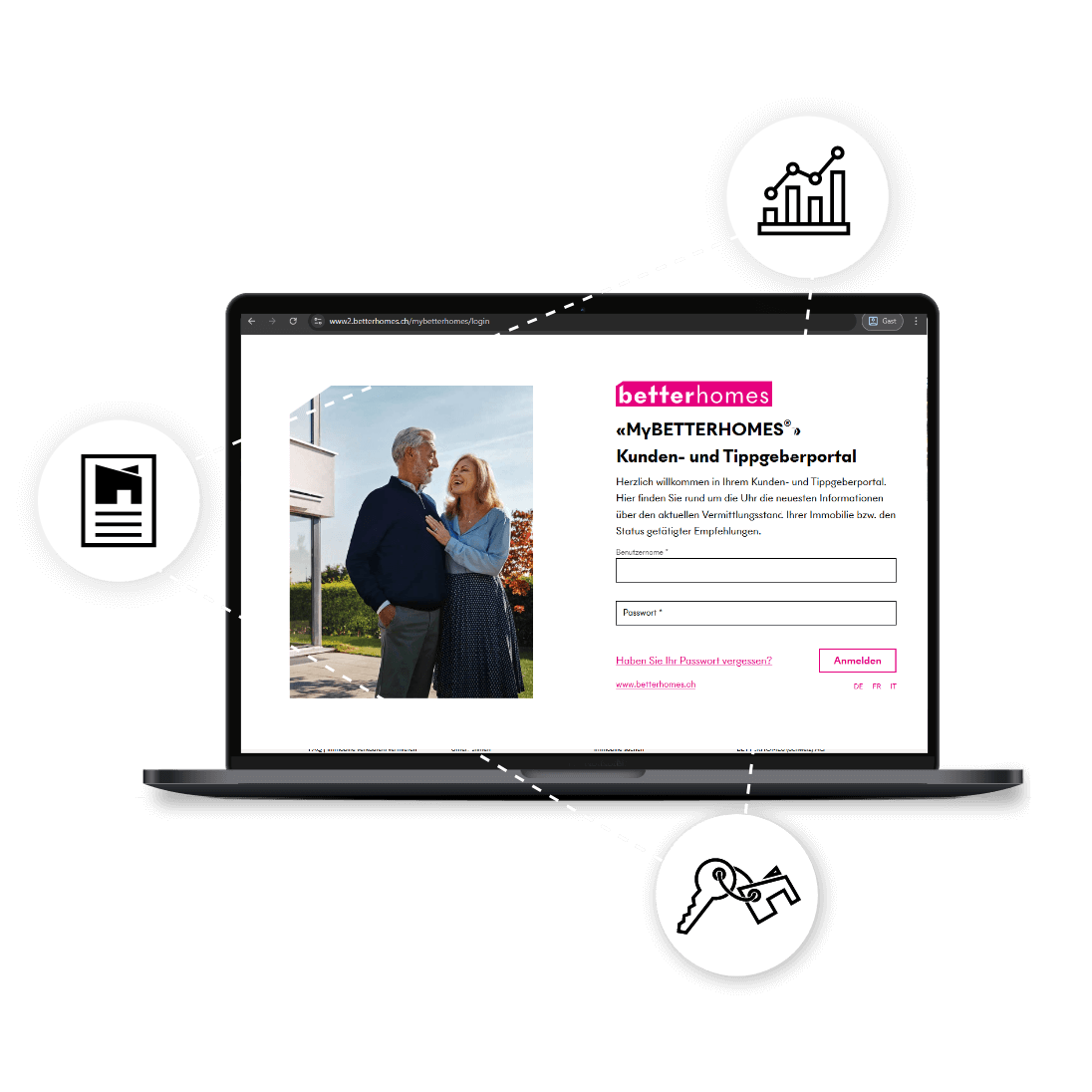 An elderly couple sits in a garden lounge and smiles at each other.