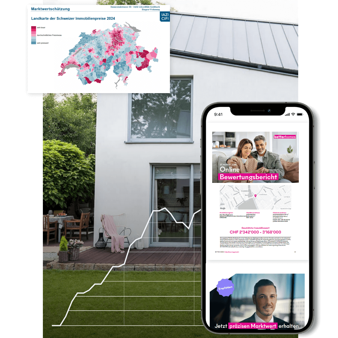 In the foreground is a smartphone with an open property valuation.